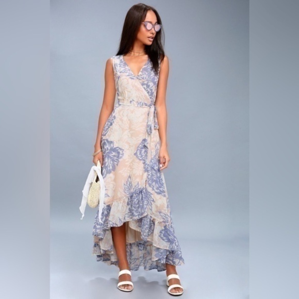 Lulus Desert Trip Peach Floral Print High-Low Wrap Dress